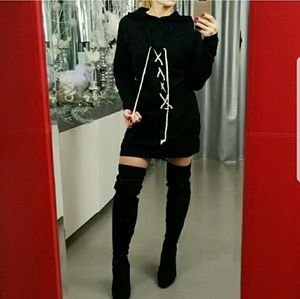 hoodie dress and thigh high boots